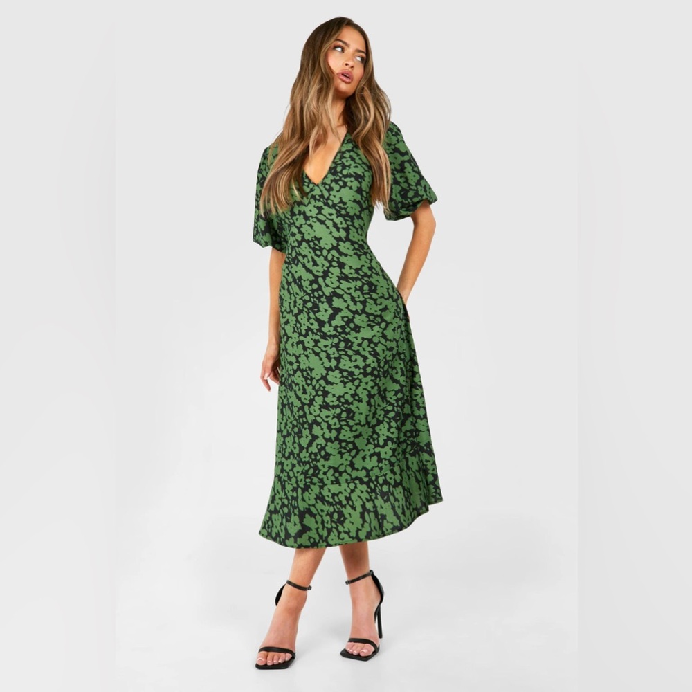 Elegant Green Floral Midi Dress size 10